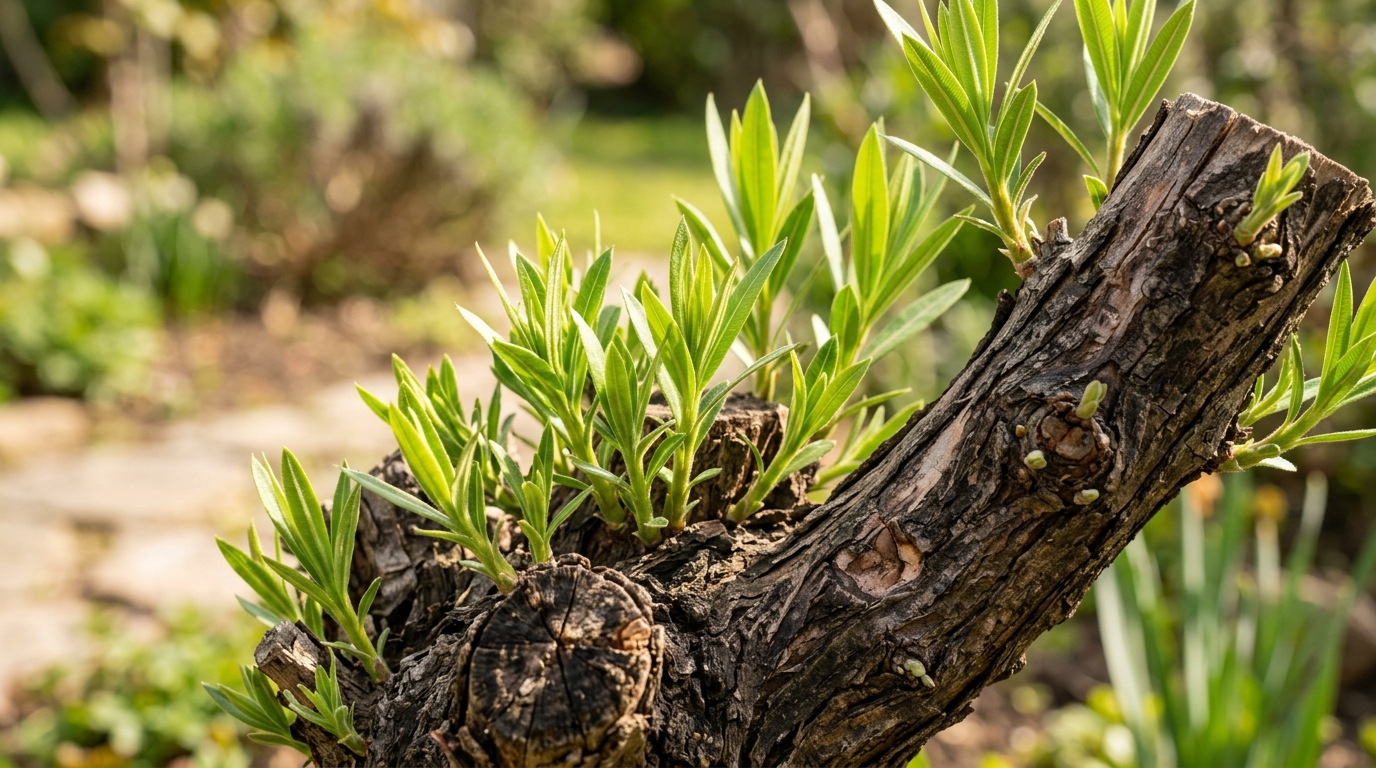 Nouvelles pousses vigoureuses apparaissant à la base d'un laurier rose après une taille drastique