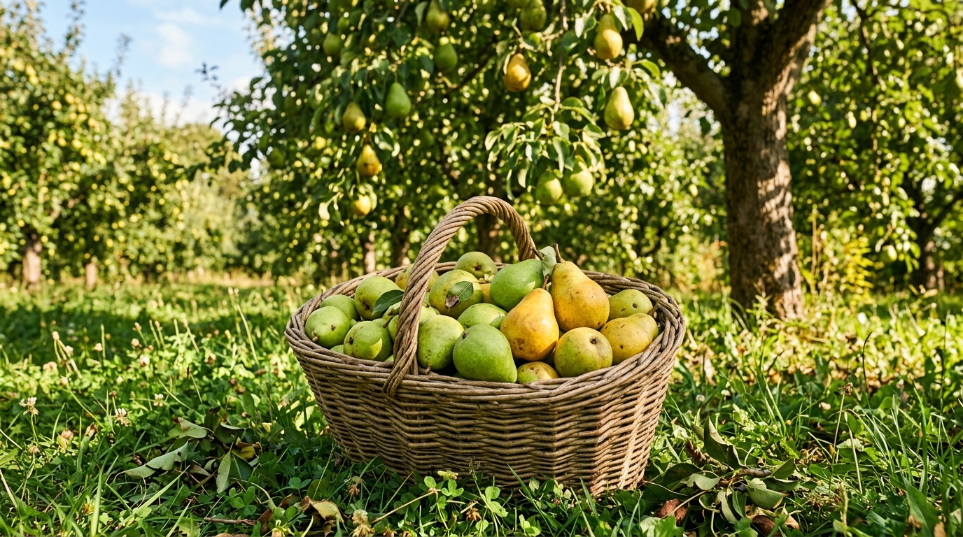 Panier en osier rempli de poires fraîchement récoltées dans un verger