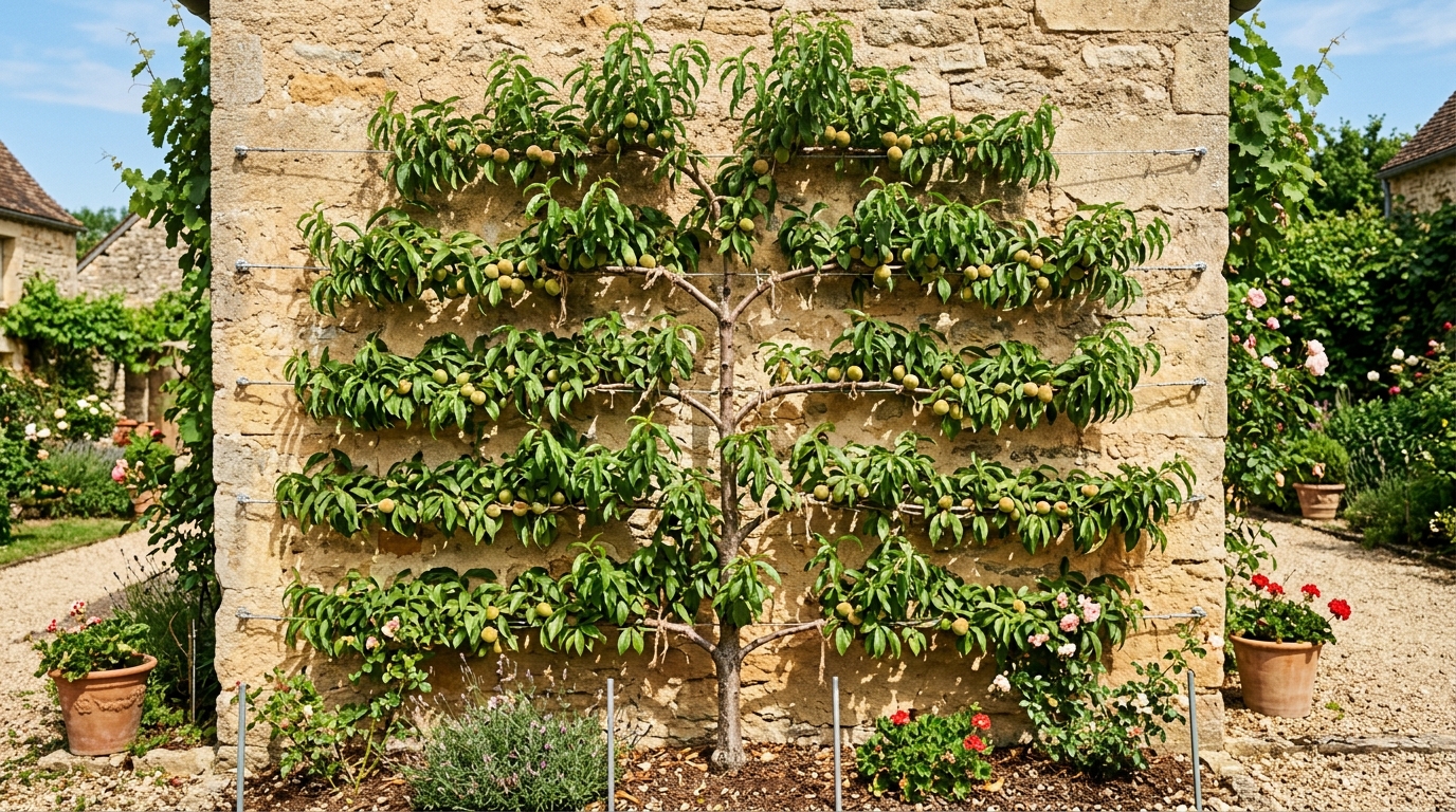 Pêcher conduit en espalier palissé contre un mur de pierre ensoleillé