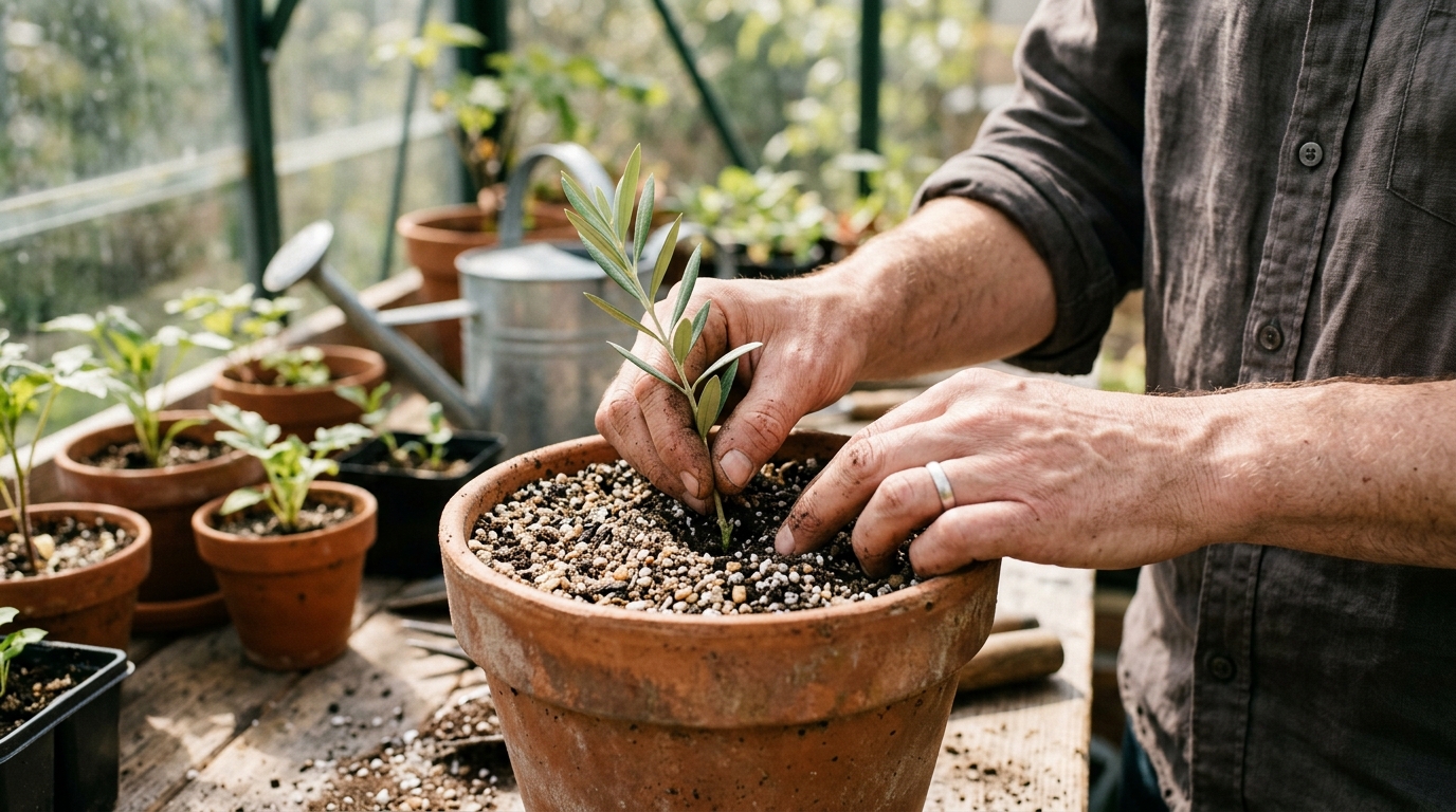 Plantation d'une bouture d'olivier dans un substrat drainant sable et terreau