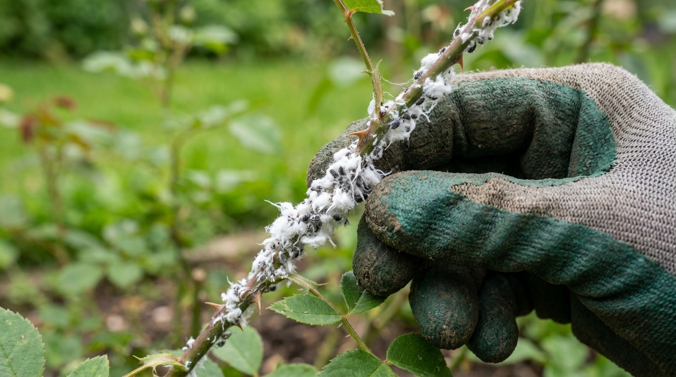 Inspection d'une tige de rosier infestée de pucerons lanigères