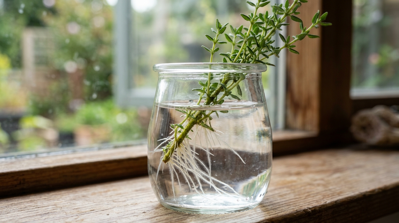Développement de racines blanches sur une bouture de thym dans l'eau