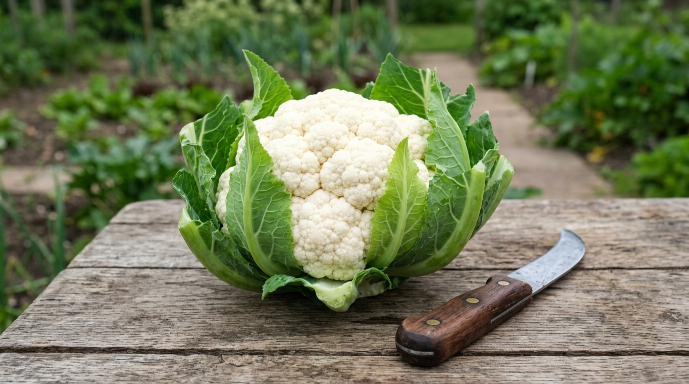 Superbe pomme de chou-fleur fraîchement récoltée sur une table en bois