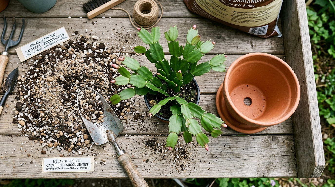 Matériel de rempotage pour cactus de Noël avec terreau drainant et sable