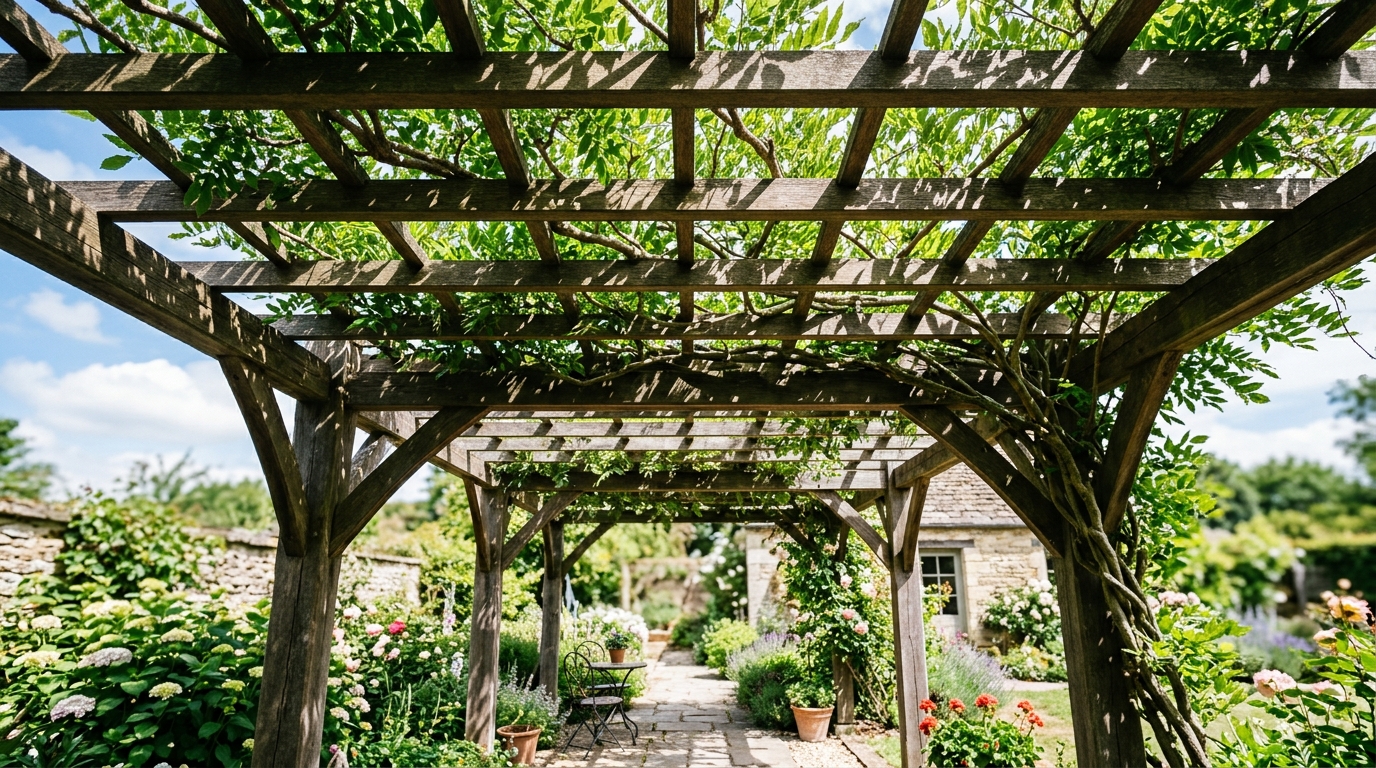 Structure horizontale d'une vigne grimpante sur le toit d'une pergola