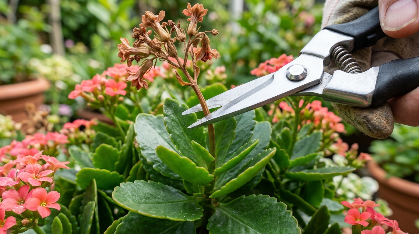 Taille des fleurs fanées d'un Kalanchoé avec un sécateur propre