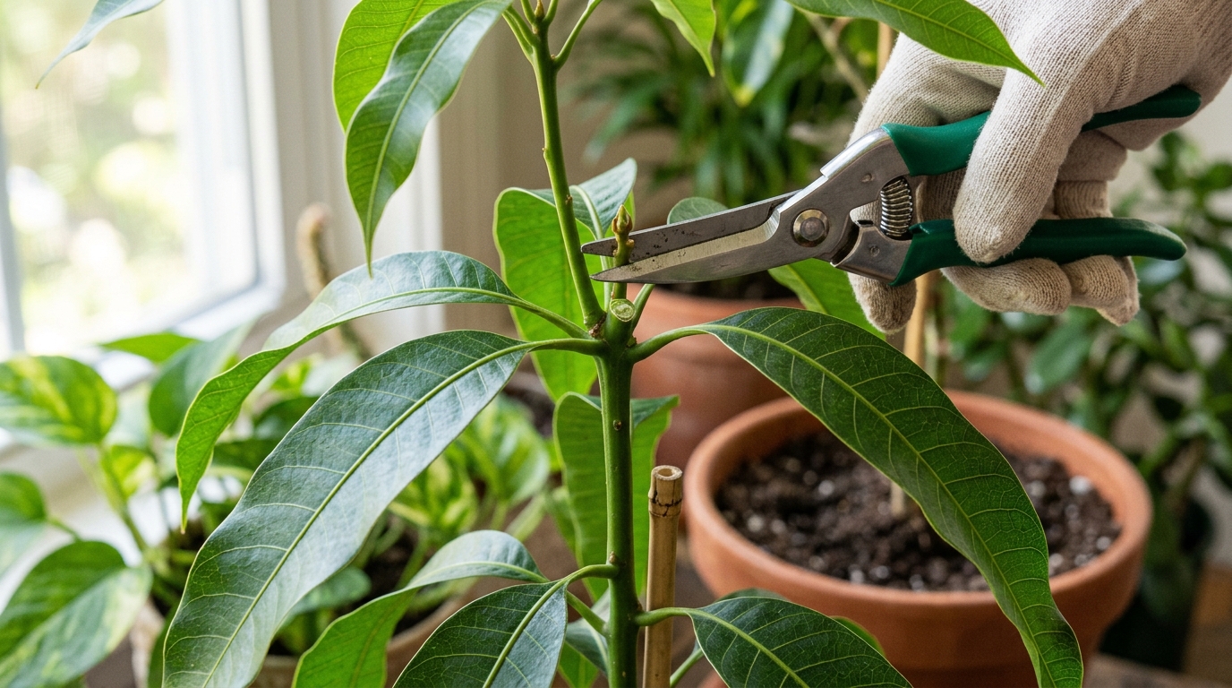 Taille de formation d'un manguier en pot avec un sécateur pour densifier le feuillage