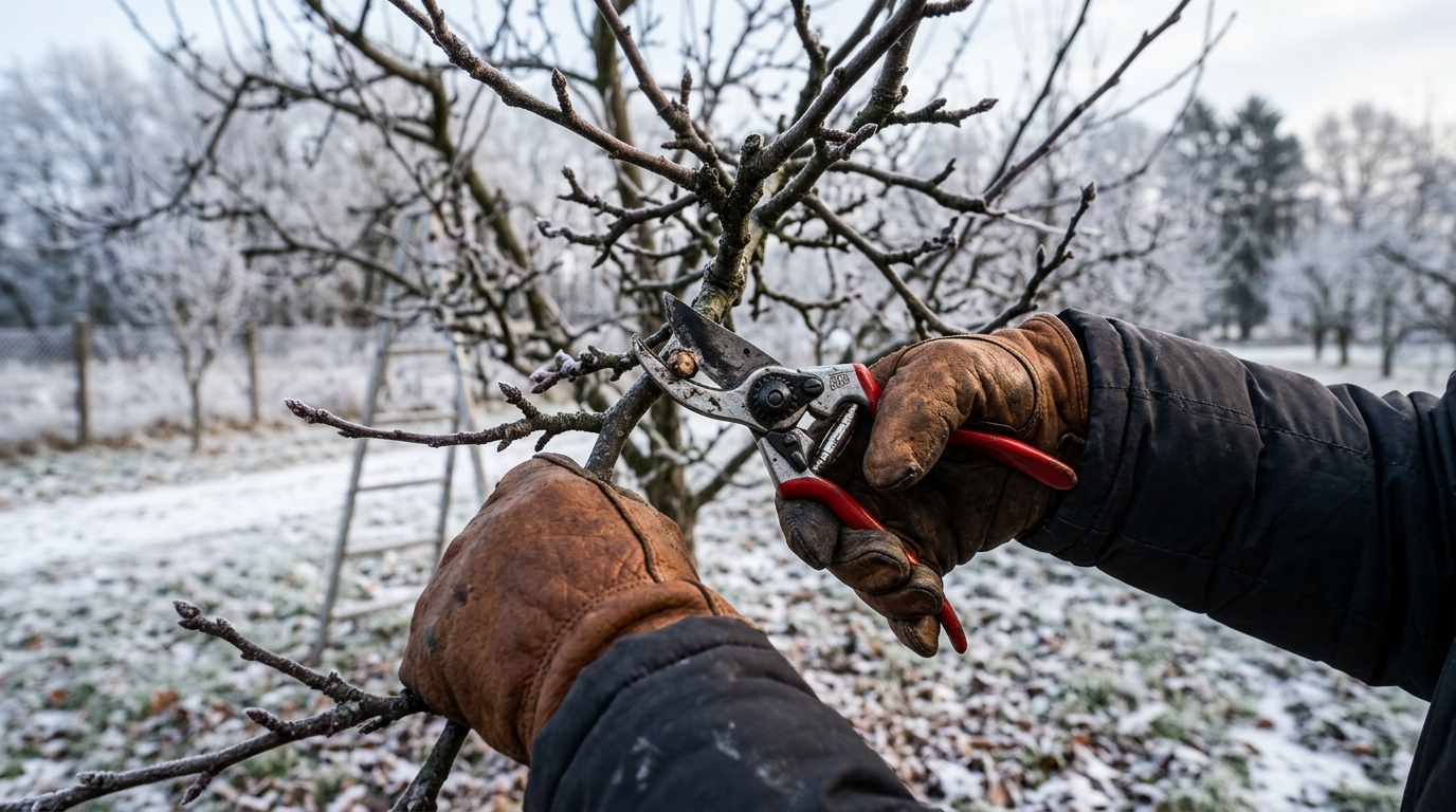 Taille d'un arbre fruitier en hiver avec un sécateur