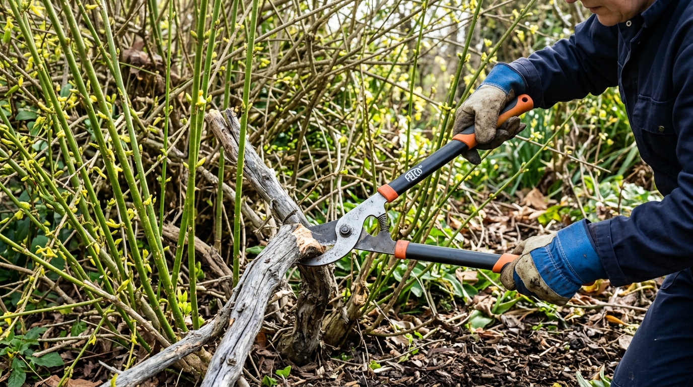 Jardinier coupant une vieille branche de forsythia à la base avec un ébrancheur