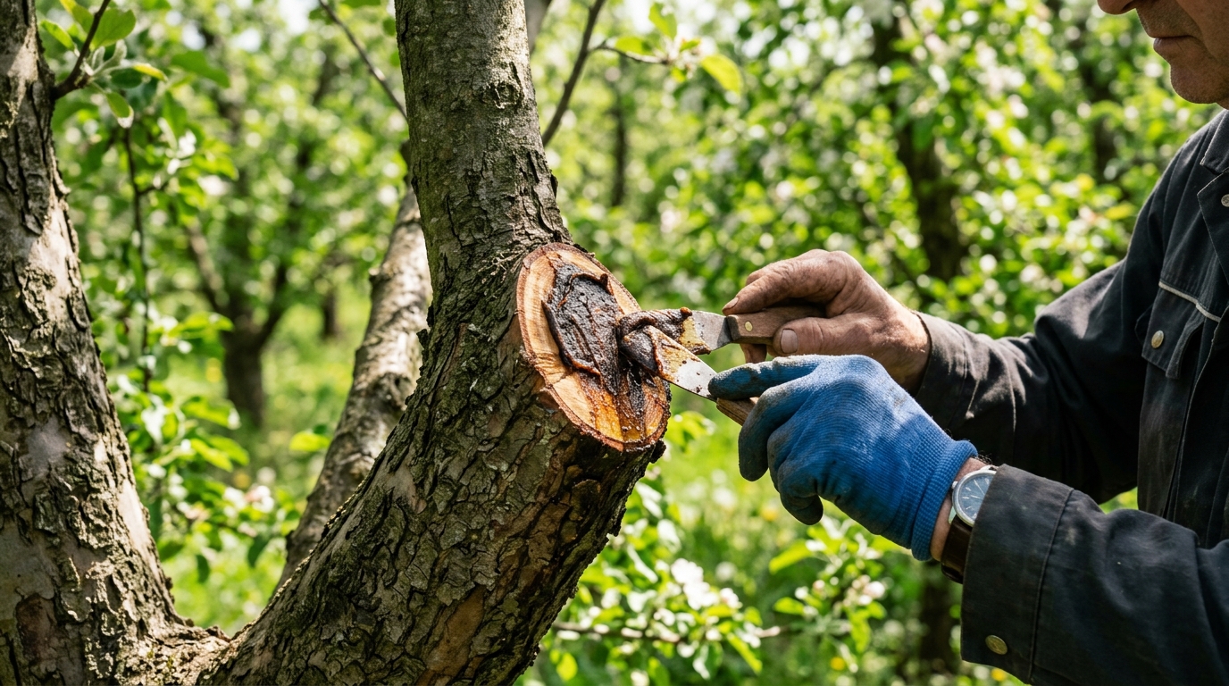 Application de mastic de cicatrisation sur une coupe de branche de pêcher