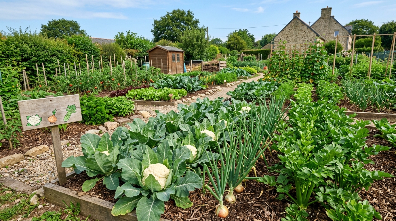 Association de cultures au potager avec des choux-fleurs, oignons et céleris
