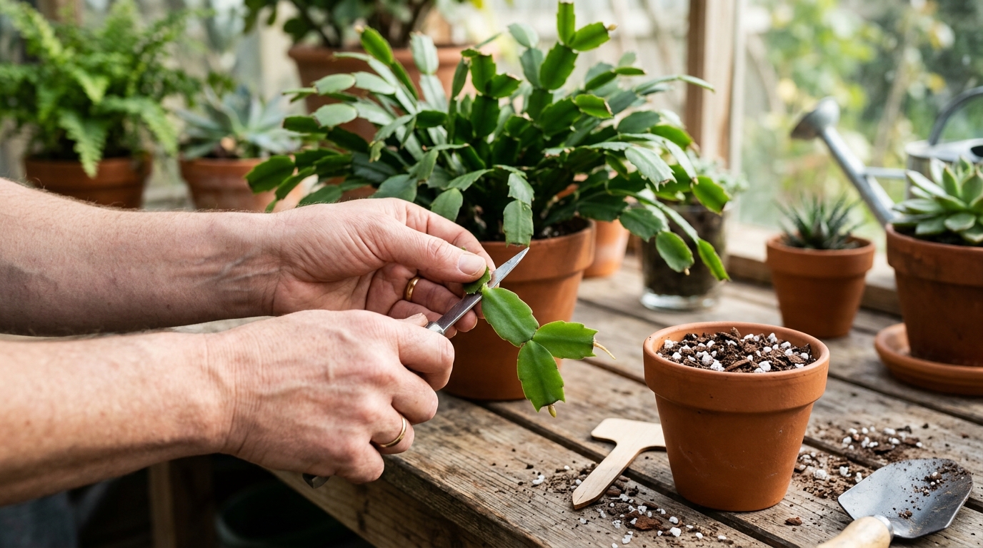 Bouturage d'un cactus de Noël en prélevant des segments sains