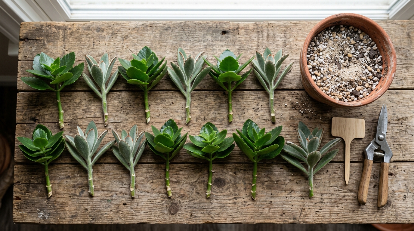 Boutures de tiges de Kalanchoé préparées pour la multiplication