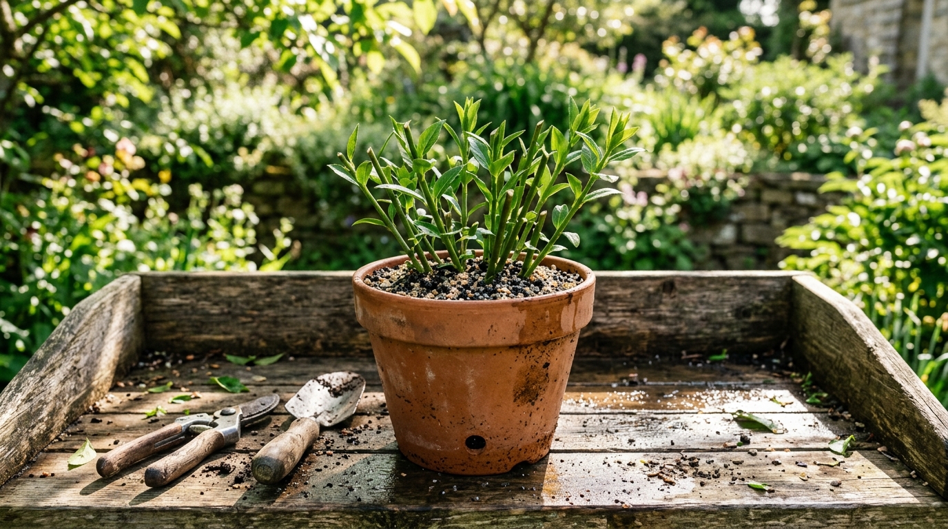 Boutures de forsythia plantées dans un pot en terre cuite avec du terreau