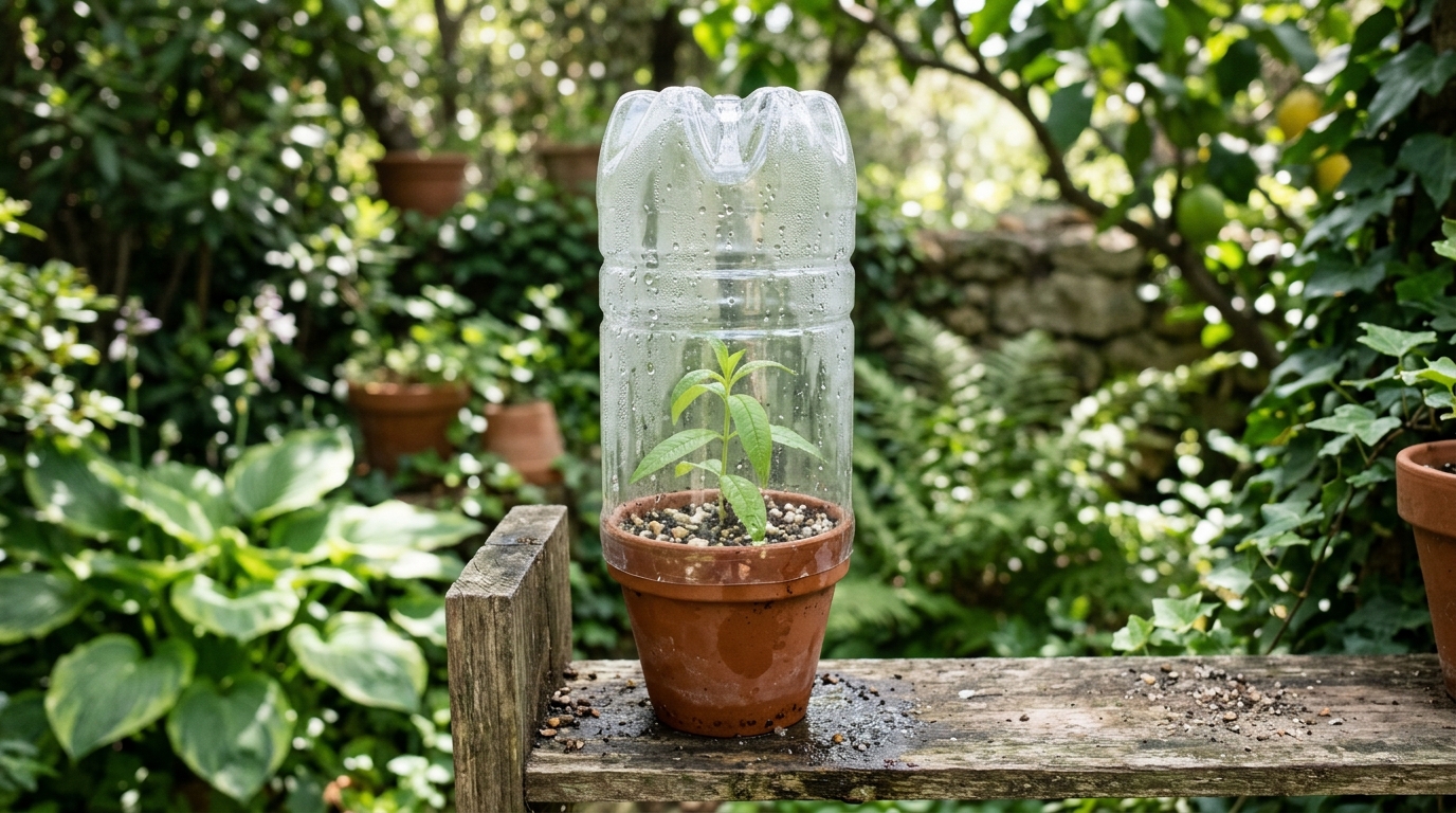 Bouture de verveine placée à l'étouffée sous une cloche en plastique
