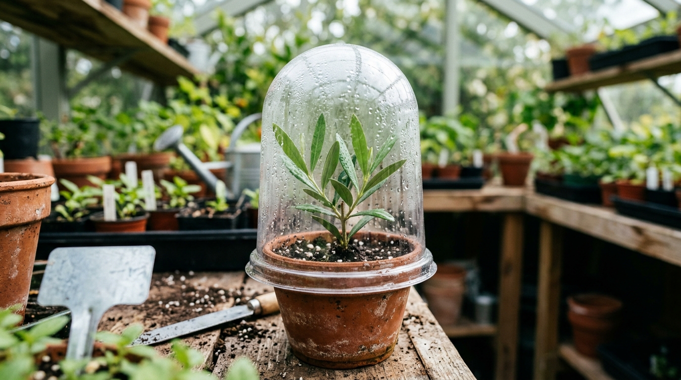 Jeune bouture d'olivier sous cloche pour maintenir l'hygrométrie