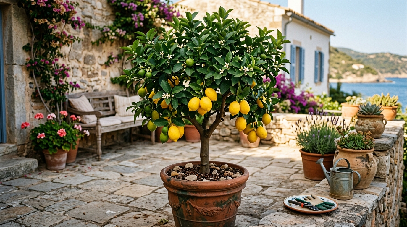 Citronnier en pot vigoureux et bien taillé sur une terrasse ensoleillée