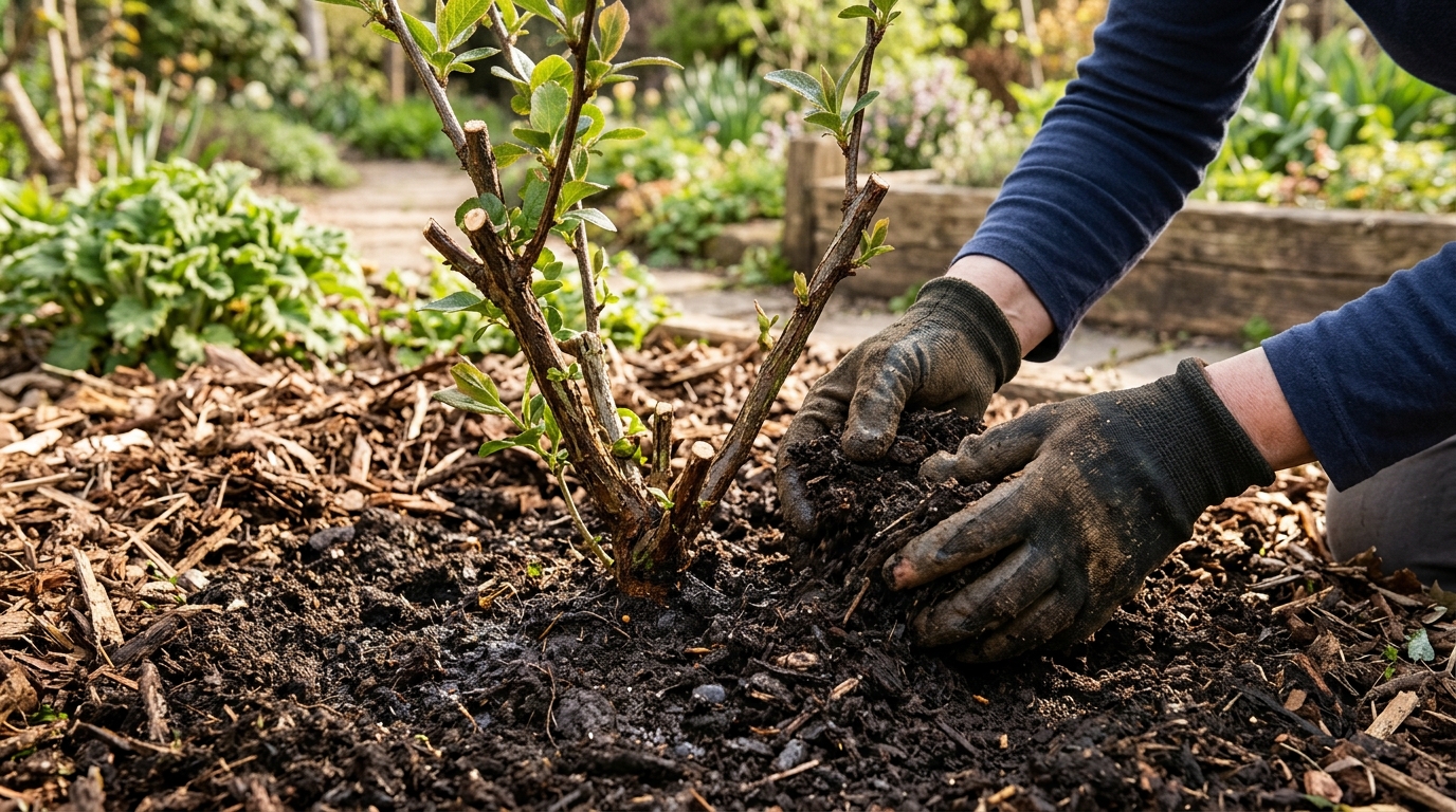 Apport de compost nutritif au pied de l'althéa après la taille
