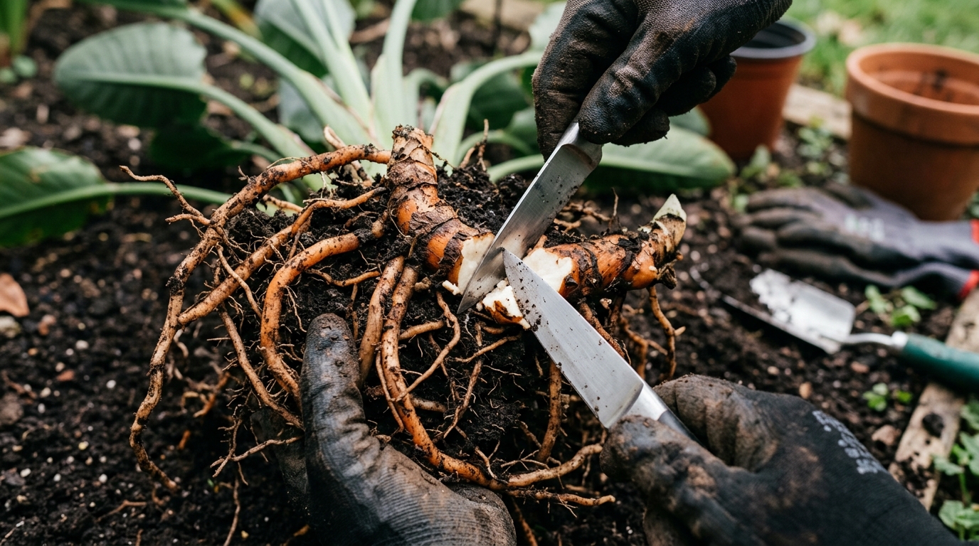 Division des racines charnues d'un oiseau du paradis pour le multiplier