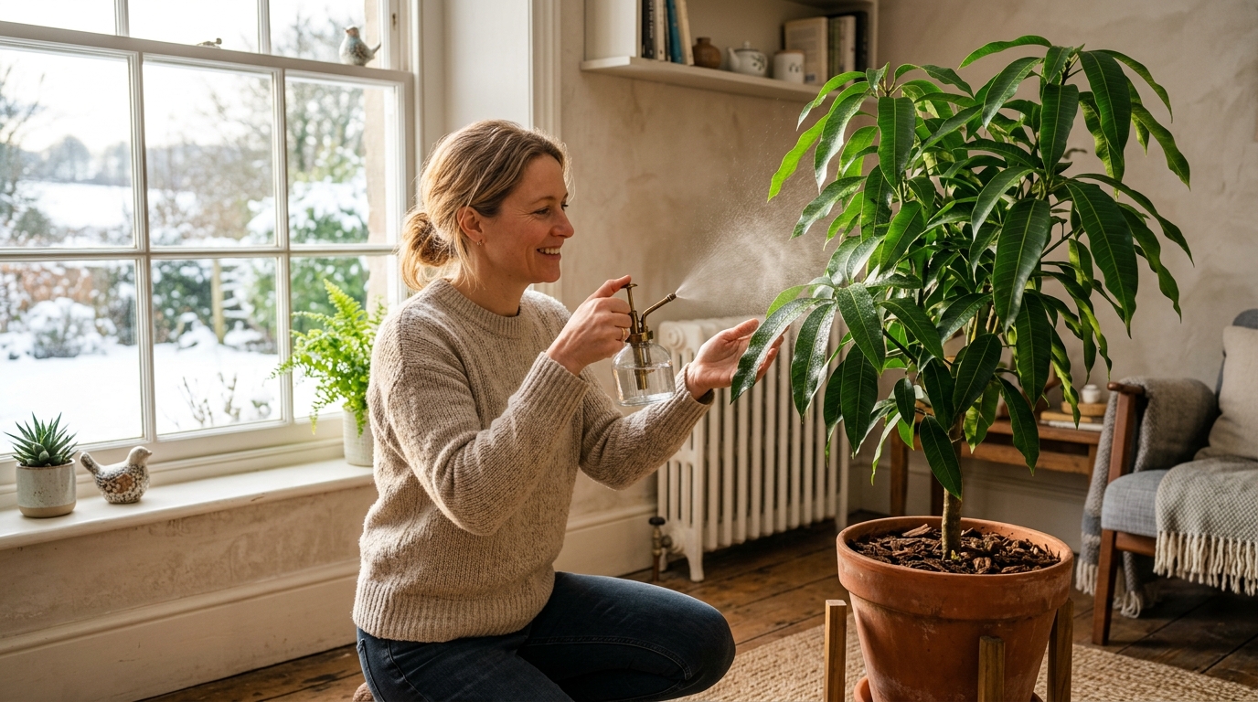 Brumisation des feuilles d'un manguier en pot pendant l'hivernage en intérieur