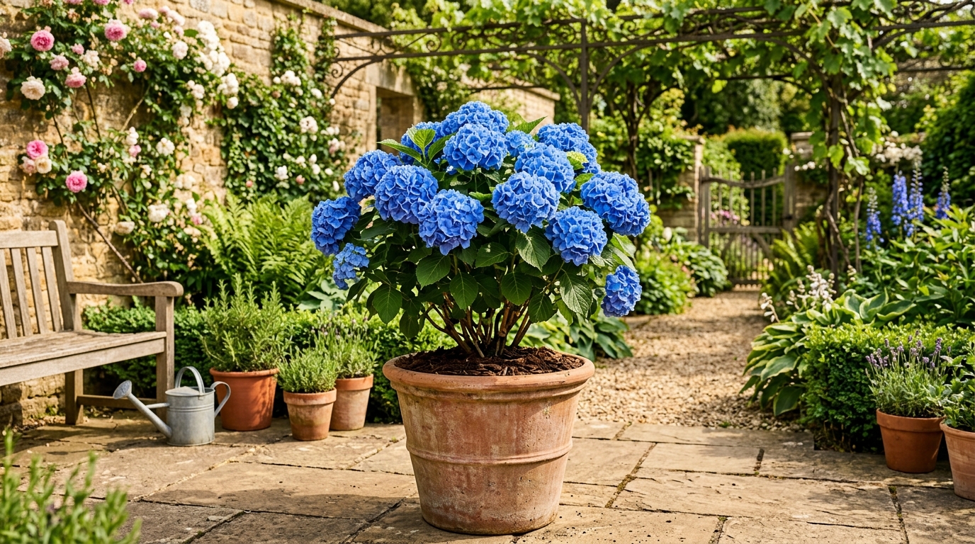 Hortensia bleu cultivé avec succès dans un grand pot en terre cuite