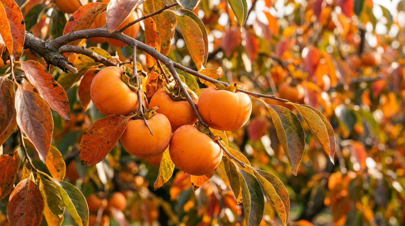 Kakis Fuyu mûrs prêts à être récoltés sur la branche