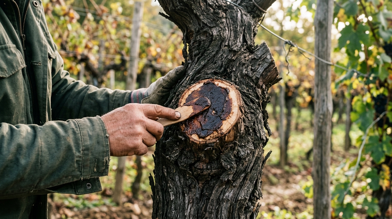 Application de mastic cicatrisant sur une plaie de taille d'un vieux cep de vigne