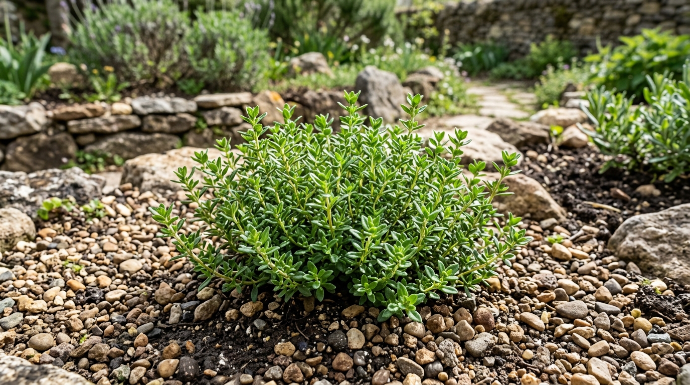 Jeune plant de thym repiqué en pleine terre dans un jardin rocailleux