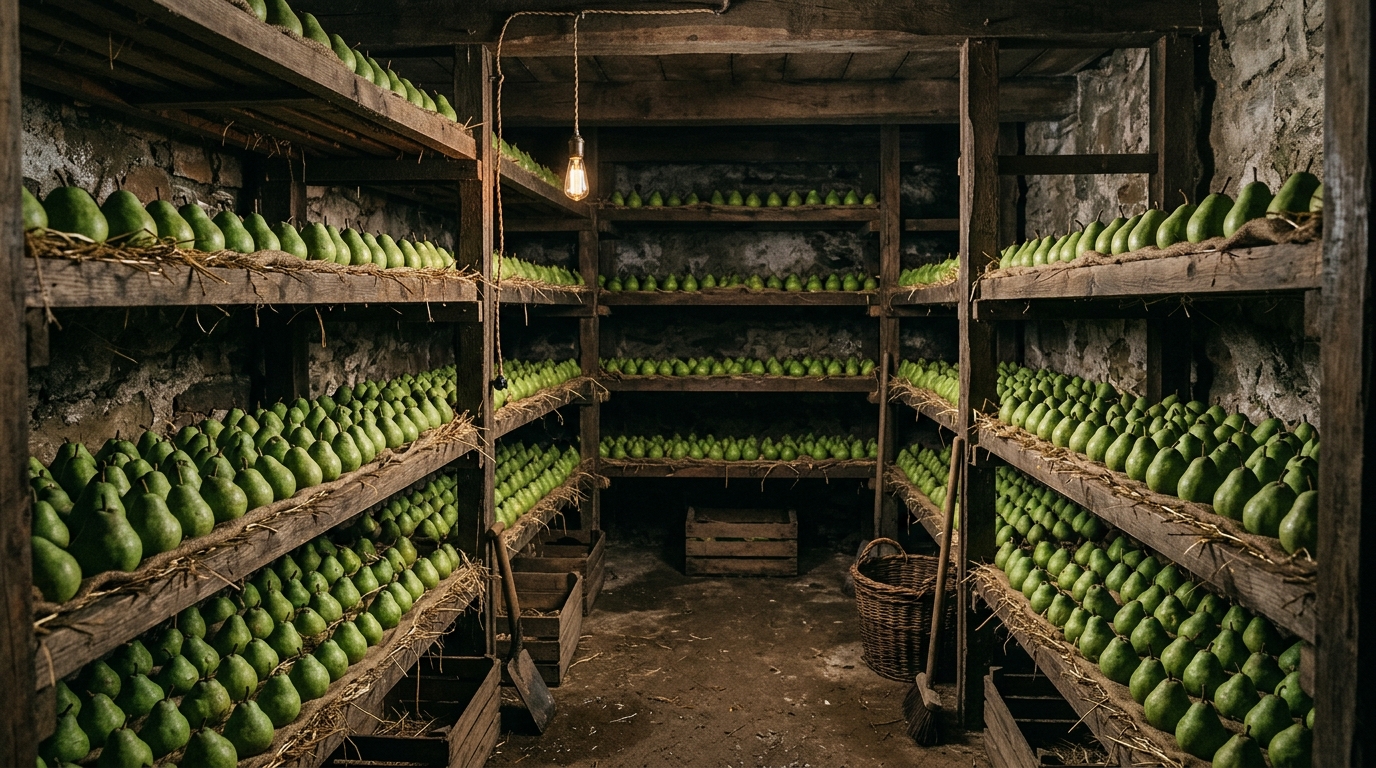 Poires stockées sur des clayettes en bois dans un fruitier sombre et frais