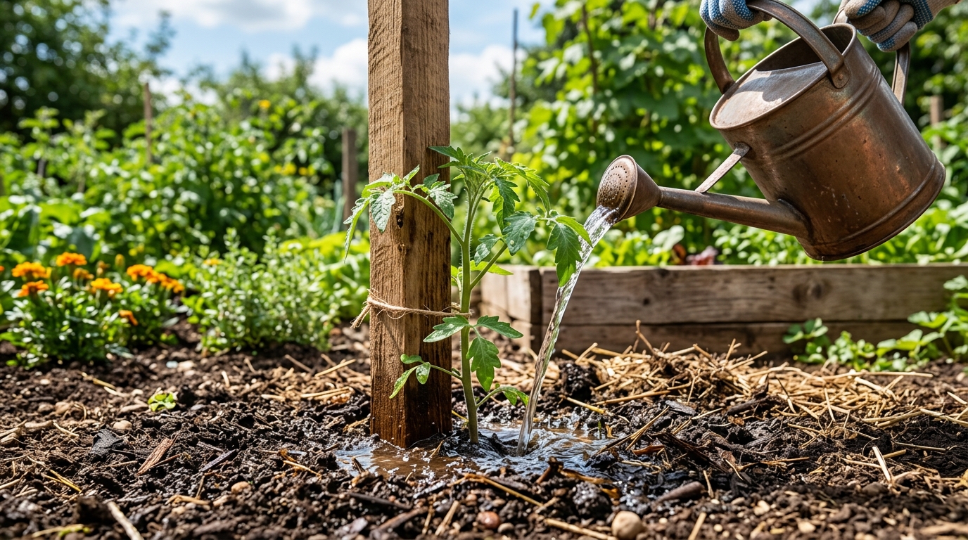 Installation du tuteur et premier arrosage abondant du jeune plant de tomate