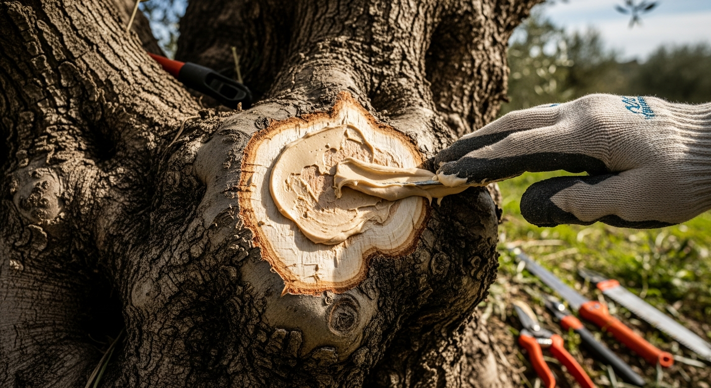 Application mastic cicatrisant sur plaie de taile olivier automne