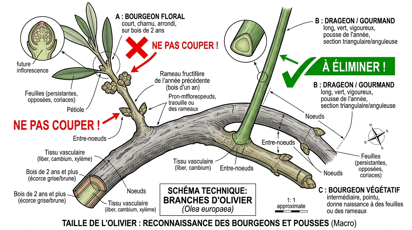 Schéma différenciation bourgeon floral et drageon sur branche olivier