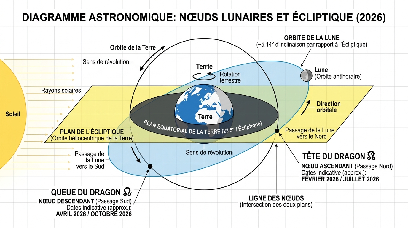 Schéma explicatif des nœuds lunaires en astronomie pour jardinage