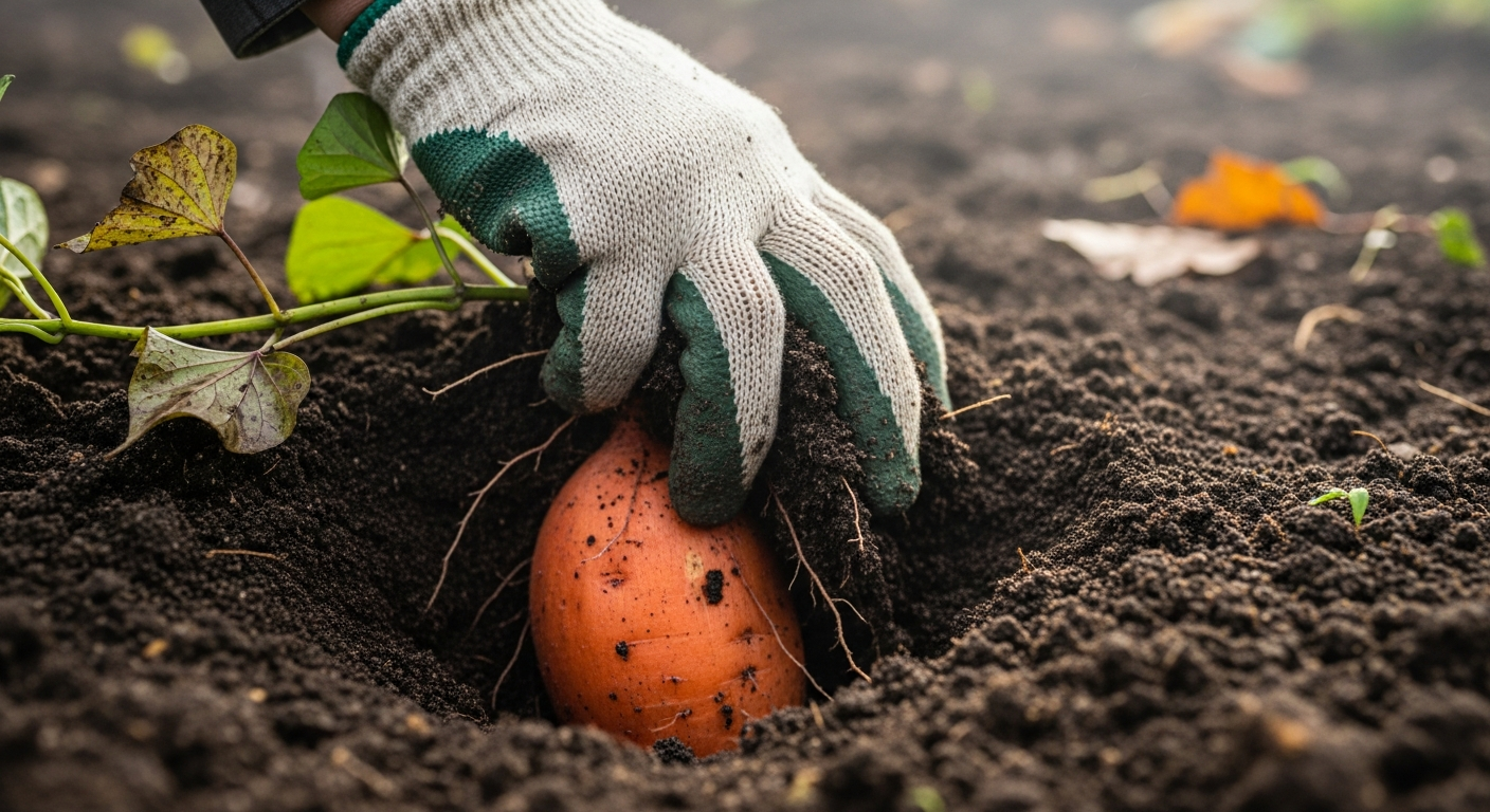 Main écartant la terre pour vérifier maturité tubercule patate douce