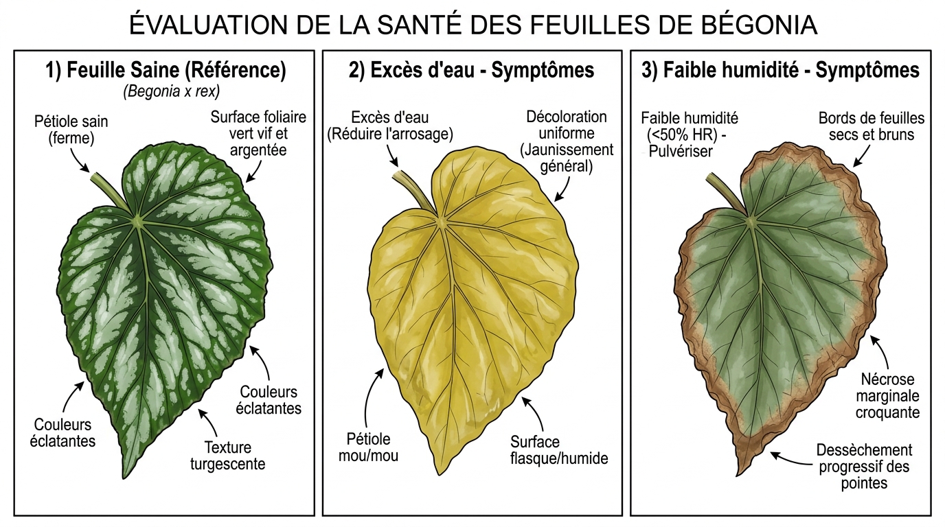 Schéma diagnostic feuilles bégonia : jaune pour excès eau, bords bruns pour manque humidité