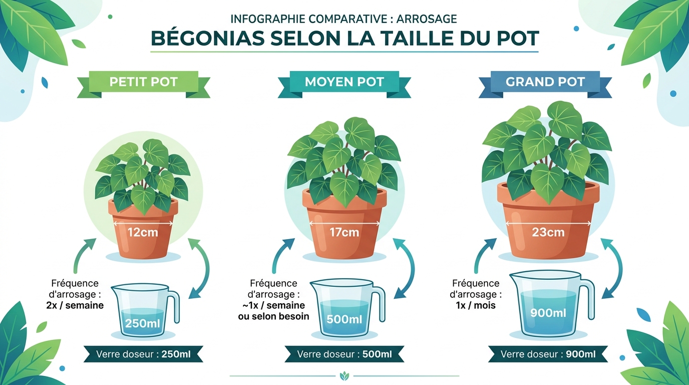 Volumes d'arrosage bégonia selon taille du pot : 150-350ml, 300-700ml, 600-1200ml