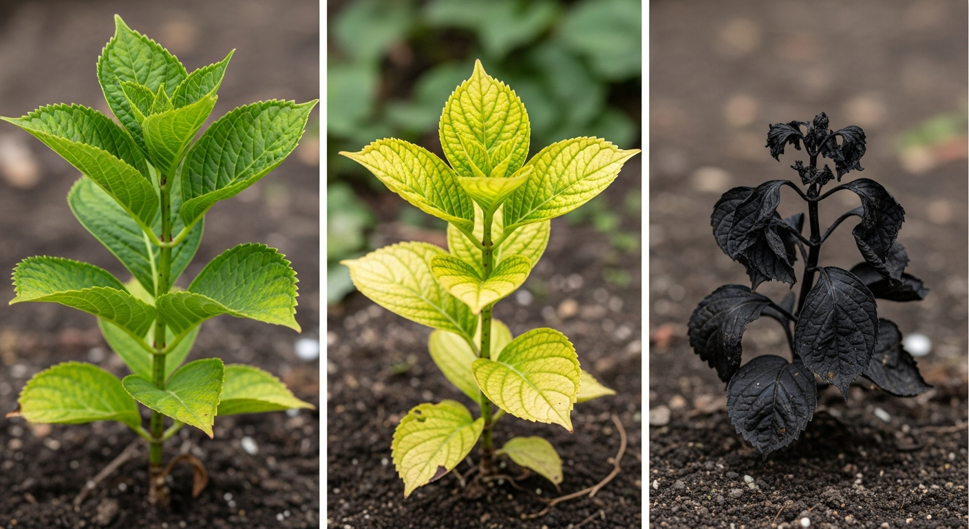 Diagnostic hortensia feuilles saines jaunes ou noires après plantation