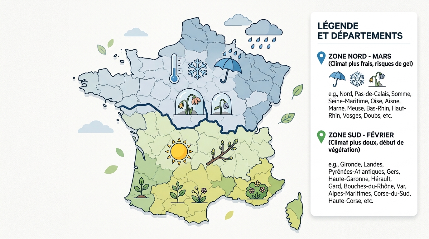Carte calendrier taille hortensias selon régions France Nord Sud
