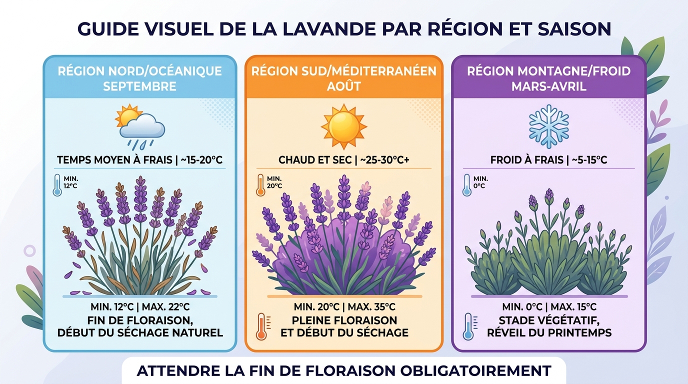 Calendrier visuel taille lavande selon climat français méditerranéen océanique froid