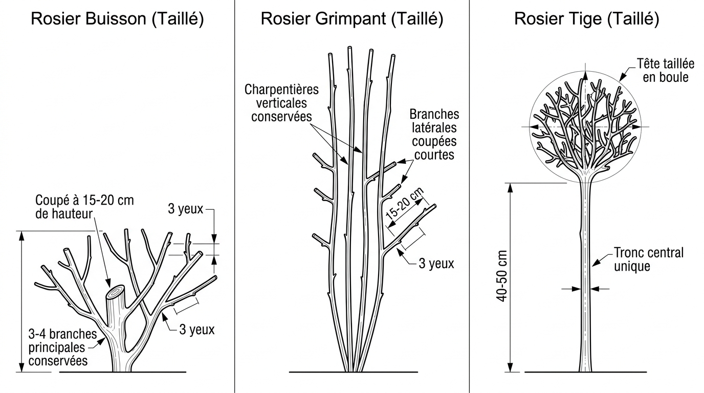 Comparatif taille rosier buisson grimpant et tige techniques adaptées