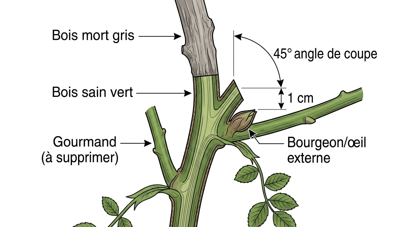Schéma anatomie branche rosier bourgeon oeil et angle de coupe