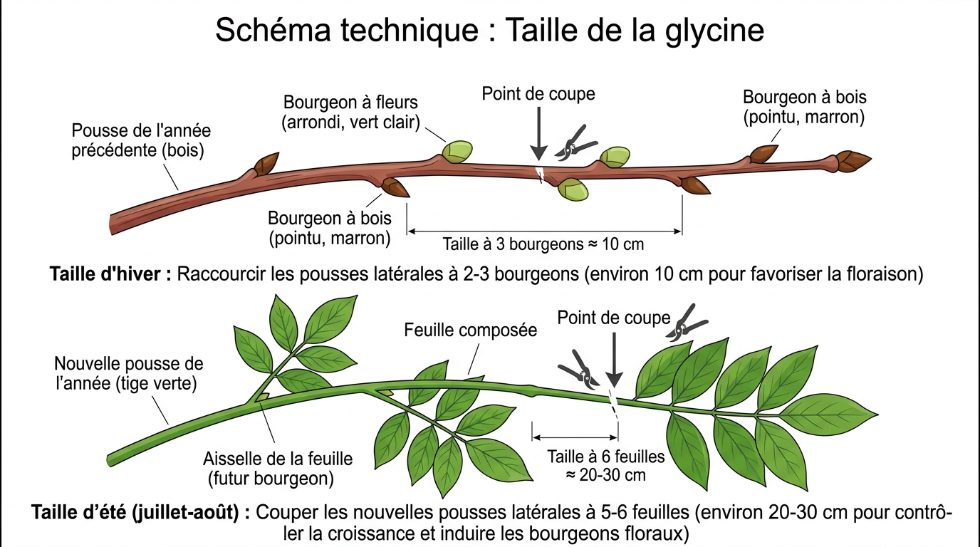 Schéma taille glycine points de coupe hiver été bourgeons