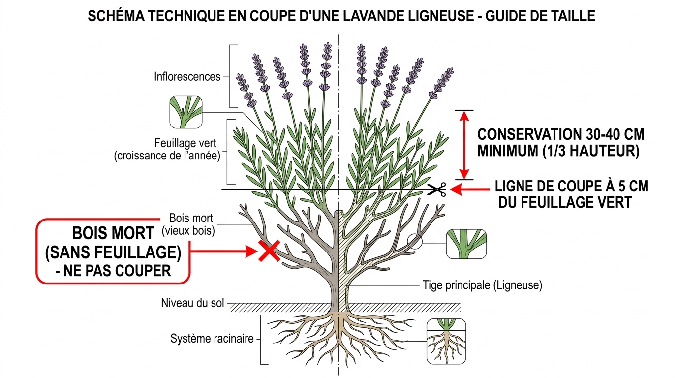 Schéma technique coupe lavande vieille hauteur conservation tiers feuillage