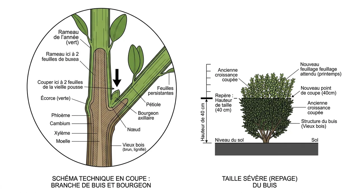 Schéma technique de coupe d'une branche de buis à 2 feuilles de la pousse