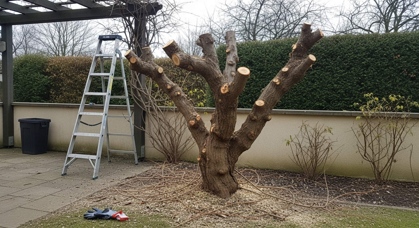 Taille sévère rénovation glycine vieille branche rabattue 40 cm sol