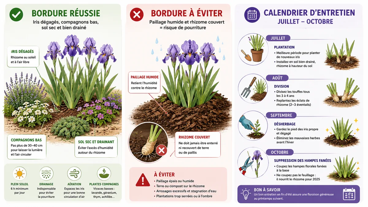 Bordure d'iris avec plantes compagnes et entretien saisonnier