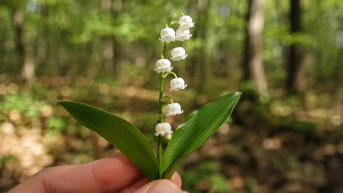 Brin de muguet blanc tenu à la main, clochettes visibles une à une