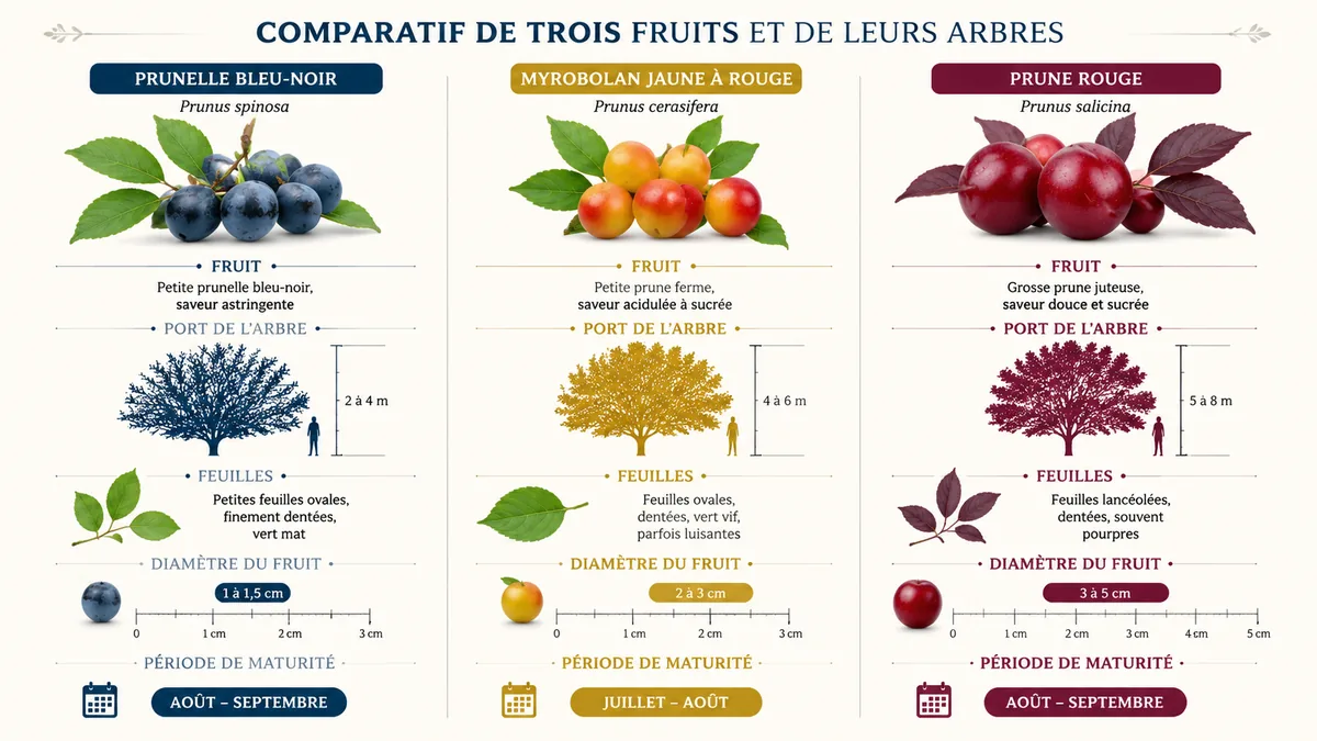 Comparatif visuel prunelle myrobolan et prune rouge