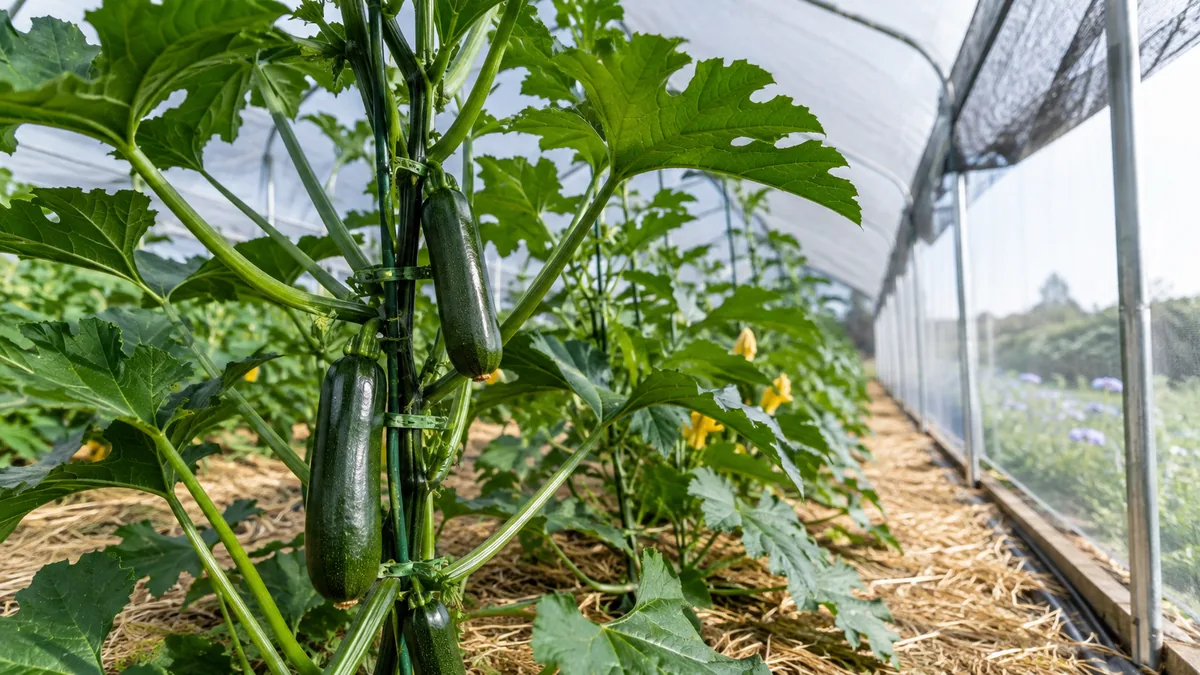 Courgette palissée dans un tunnel de culture aéré