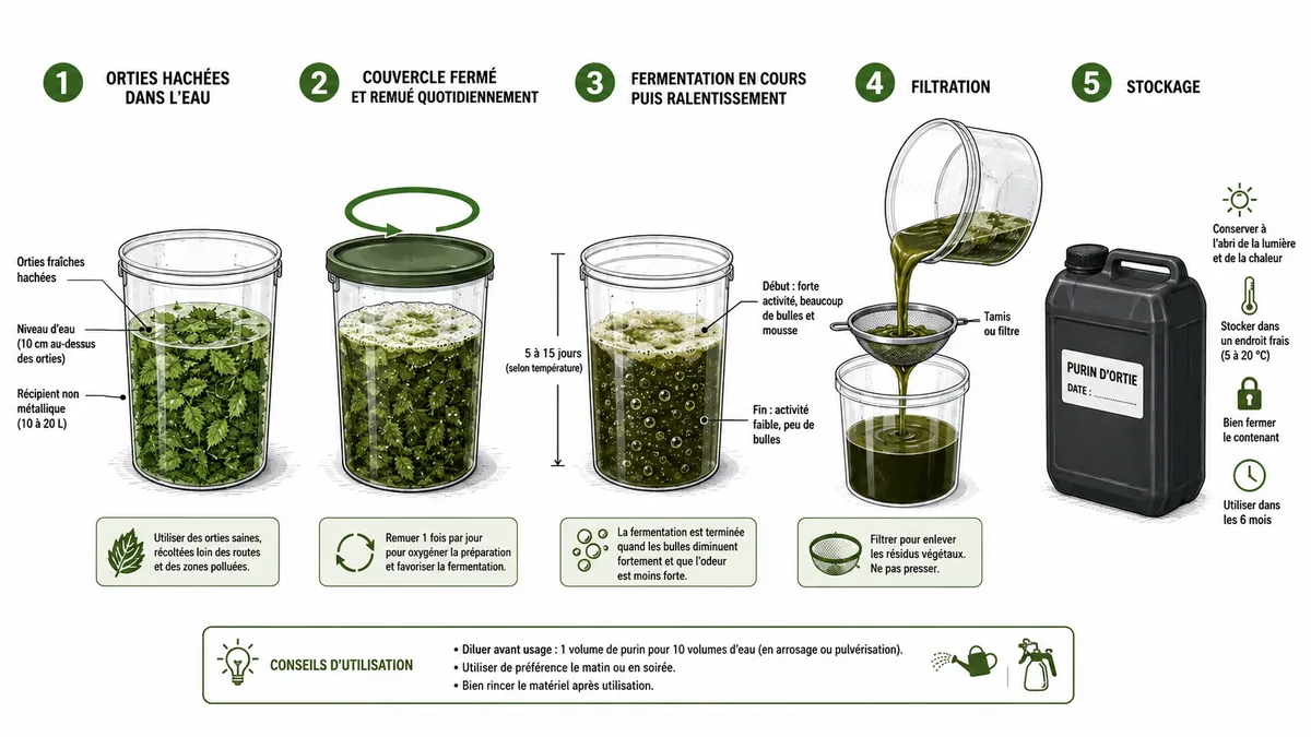 Étapes de fabrication et filtration du purin d’ortie